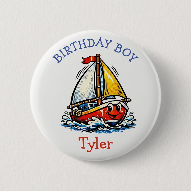 Bóton Redondo 5.08cm Personalized Birthday Boy Pop Art Sailboat (Frente)