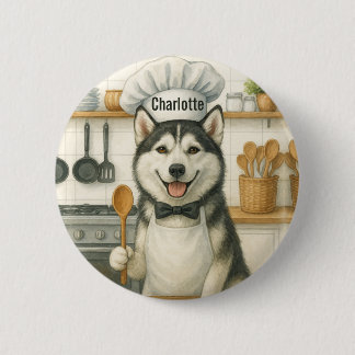 Bóton Redondo 5.08cm Personalized Name Funny Siberian Husky Dog Chef