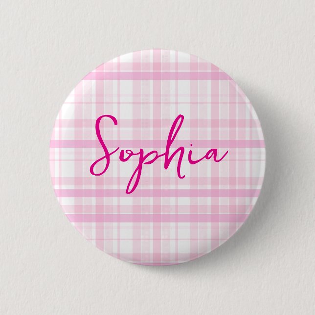 Bóton Redondo 5.08cm Personalized Pink Plaid button  with Name  (Frente)