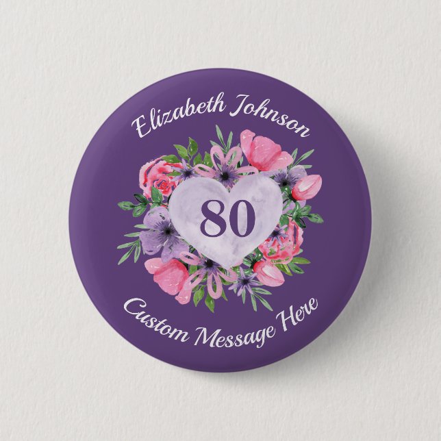 Bóton Redondo 5.08cm Personalized Purple 80th Birthday Button (Frente)