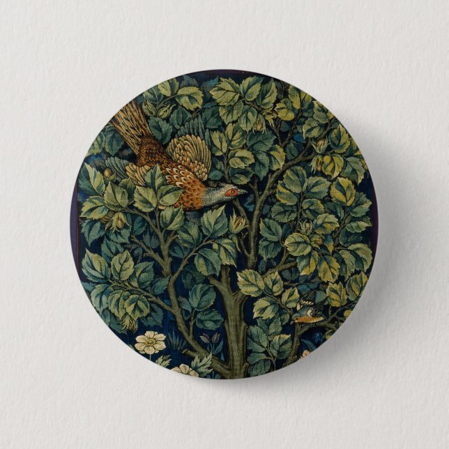 Bóton Redondo 5.08cm Pheasant Pássaro Árvore Floresta William Morris (Frente)