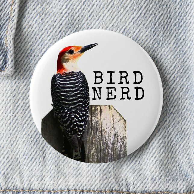 Bóton Redondo 5.08cm Pica-pau-de-bico-vermelho-Nerd (Bird Nerd button pin is a fun small gift for bird lovers, bird watchers, and nature enthusiasts. )