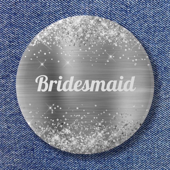 Bóton Redondo 5.08cm Pilha de Lata de Silver (Glittery Silver Foil Bridesmaid Button)