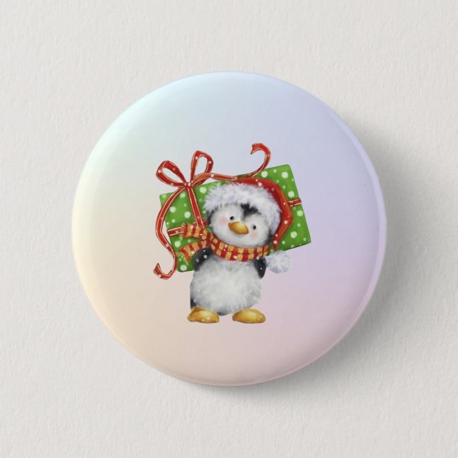 Bóton Redondo 5.08cm Pinguim de Natal Festivo com Presente - Deco de Fé (Frente)