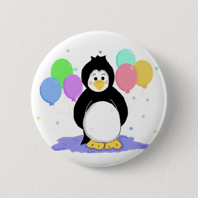 Bóton Redondo 5.08cm Pinguim Fofo com Balões de Festa (Frente)