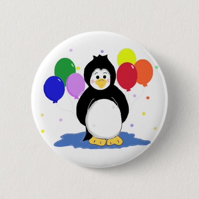Bóton Redondo 5.08cm Pinguim Fofo com Balões de Festa (Frente)