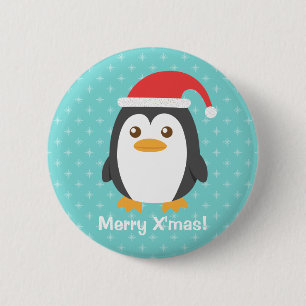 Bóton Redondo 5.08cm Pinguim Pequeno e Fofo com Chapéu de Papai Noel Bo