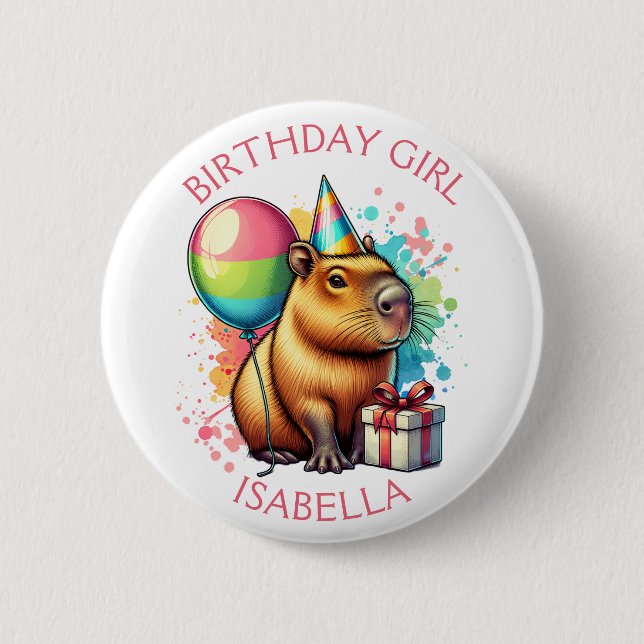 Bóton Redondo 5.08cm  Pink Capybara Themed Birthday Girl Personalized (Frente)