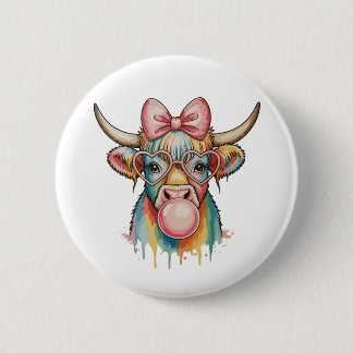 Bóton Redondo 5.08cm Pink Coquette Bow Highland Cow Bubblegum