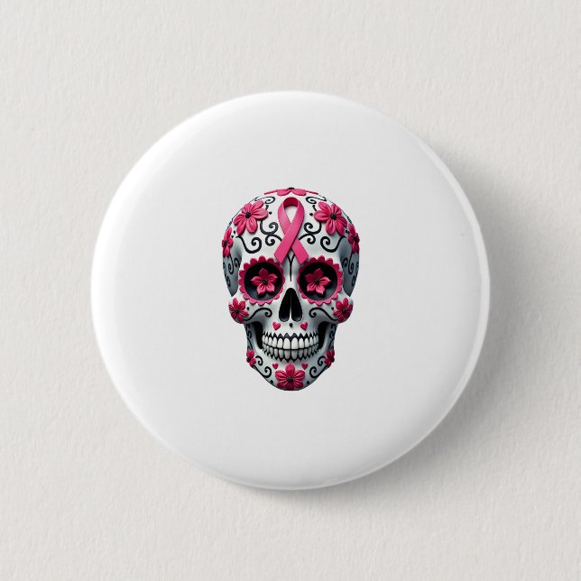Bóton Redondo 5.08cm Pink Ribbon Sugar Skull Calavera Breast Cancer Awa (Frente)