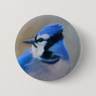 Bóton Redondo 5.08cm Pintura Blue Jay - Arte Original para Pássaros