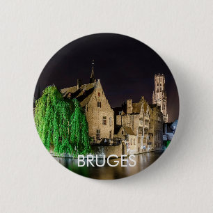 Bóton Redondo 5.08cm Pintura da cidade antiga de Bruges e da torre de B