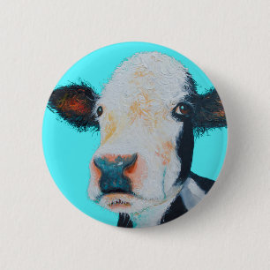 Bóton Redondo 5.08cm Pintura da vaca no fundo azul
