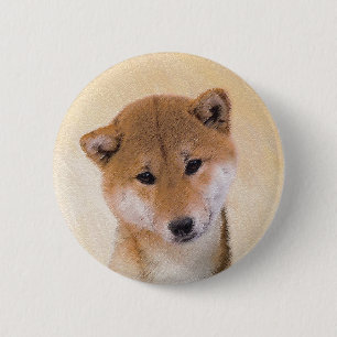 Bóton Redondo 5.08cm Pintura de Shiba Inu (Vermelho) - Arte de Cachorro