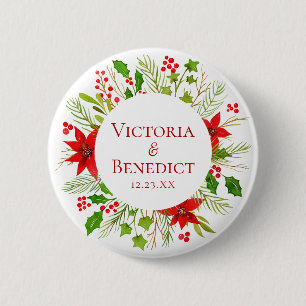 Bóton Redondo 5.08cm Poinsettia Vermelha Casamento de Natal Personaliza