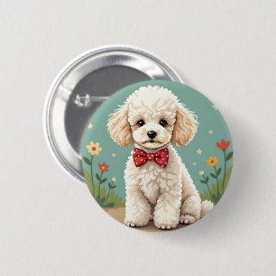 Bóton Redondo 5.08cm Poodle branco adorável com gravata borboleta