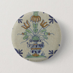 Bóton Redondo 5.08cm Pote De Flor Antiquado Com Azulejo Delft