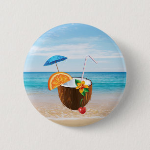 Bóton Redondo 5.08cm Praia Tropical,Céu Azul,Areia do Oceano,Coquetel d