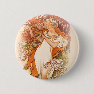 Bóton Redondo 5.08cm Primavera - Alphonse Mucha Art Nouveau