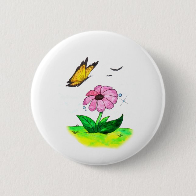 Bóton Redondo 5.08cm primavera de arte aquosa e borboleta voadora (Frente)