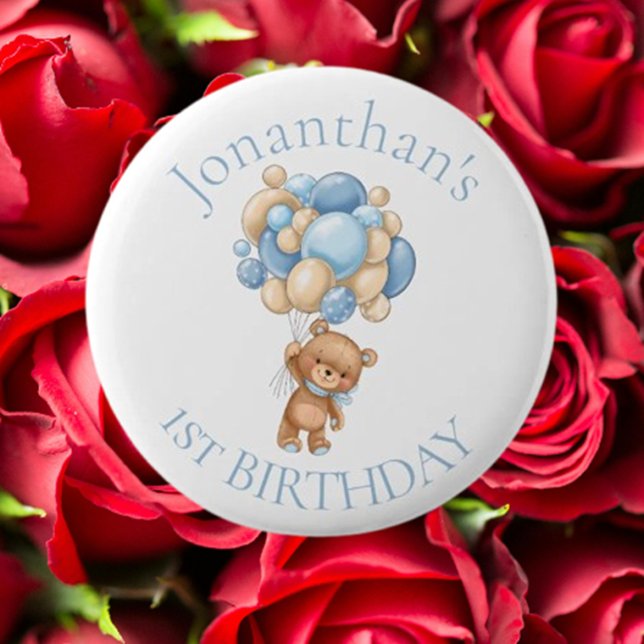 Bóton Redondo 5.08cm Primeiro aniversario Azul dos Balões do Urso (Celebrate your baby's first birthday with an adorable blue teddy bear balloons button)