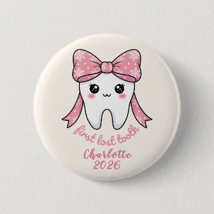 Bóton Redondo 5.08cm Primeiro Dente de Bebê Laço Rosa Kawaii Milestone