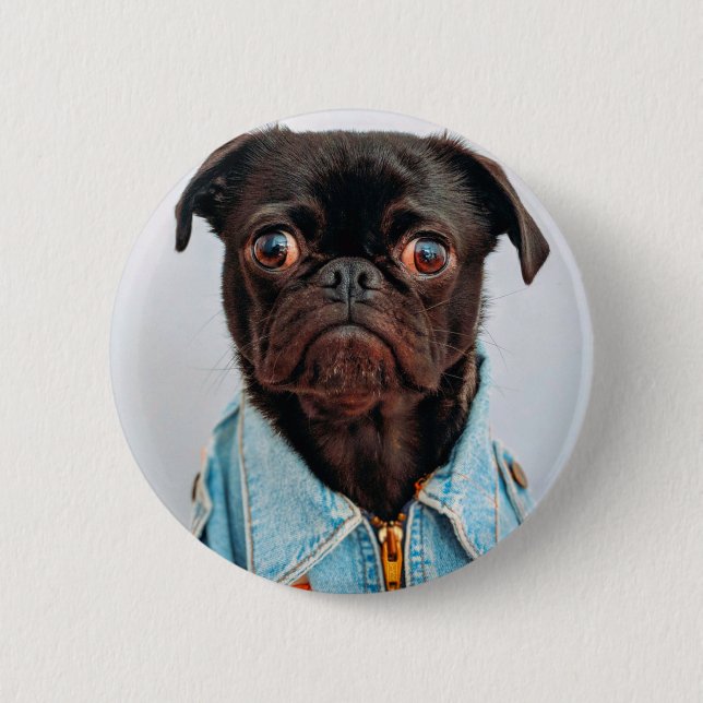 Bóton Redondo 5.08cm Pug em Denim Jackey Cachorro Adorável (Frente)