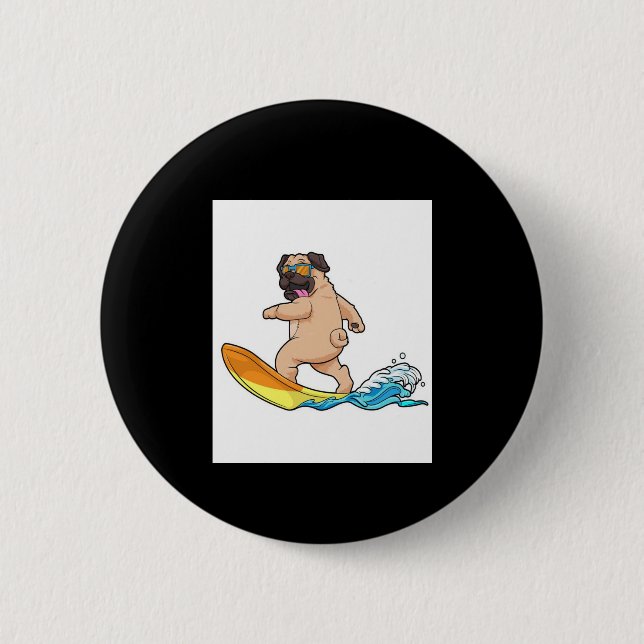 Bóton Redondo 5.08cm Pug Surfing Surfing Pug Vestindo Óculos (Frente)