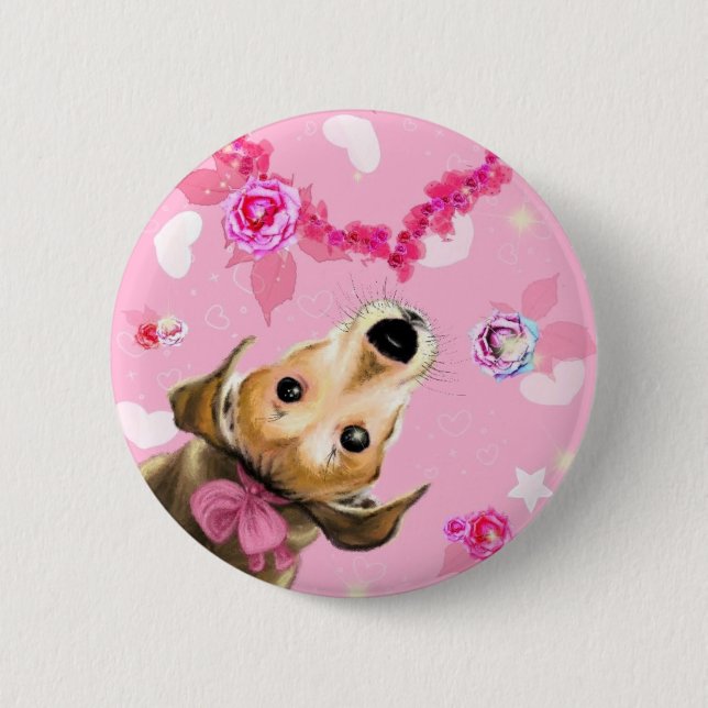 Bóton Redondo 5.08cm Puppy com fita rosa - Amor (Frente)