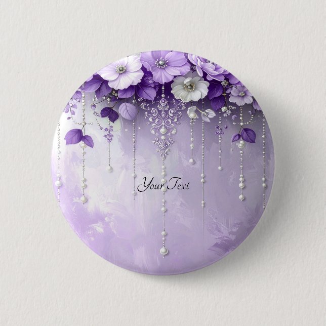 Bóton Redondo 5.08cm Purple Flowers with Dangling Pearls Button (Frente)