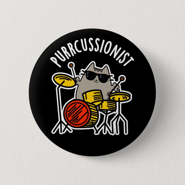 Bóton Redondo 5.08cm Purr-cussionista Engraçado Drummer Cat Pun Dark BG (Frente)