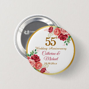 Bóton Redondo 5.08cm Quadro Dourado de Flores para 55º Aniversário de C