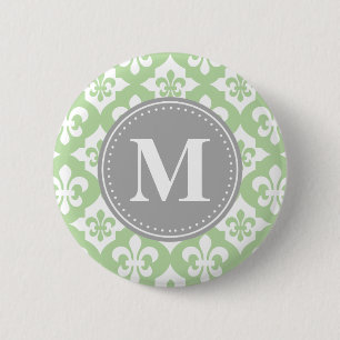 Bóton Redondo 5.08cm Quatrefoil Fleur-De-Lis Mint Cinza Verde Monograma