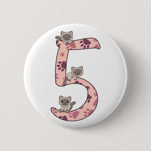 Bóton Redondo 5.08cm Quinto Aniversário Do Gato Siamês Para Crianças -  (Frente)