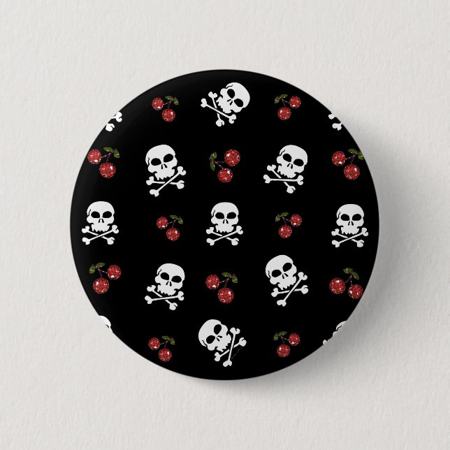 Bóton Redondo 5.08cm RAB Rockabilly Skulls and Cherries on Black (Frente)