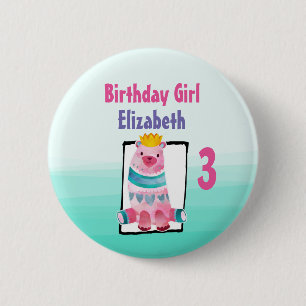 Bóton Redondo 5.08cm Rapariga de aniversário com Urso de Aquarela Vest