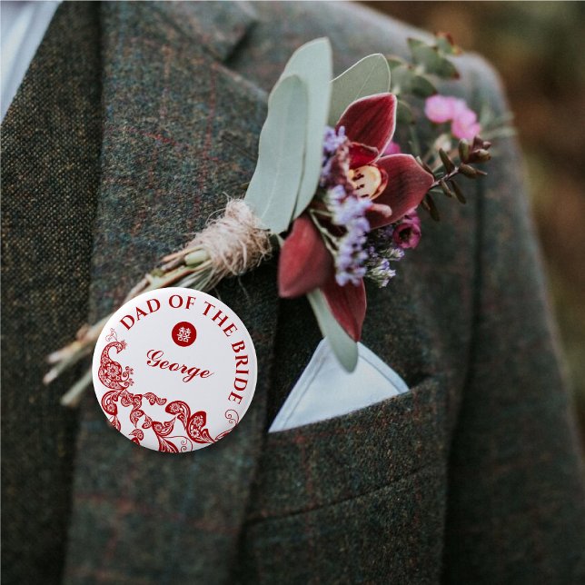 Bóton Redondo 5.08cm Red Boho Peacock Pai Da Noiva (DAD OF THE BRIDE Red Boho Peacock Double Happiness Chinese Wedding  Pin Button @ fatfatin_red_knot)