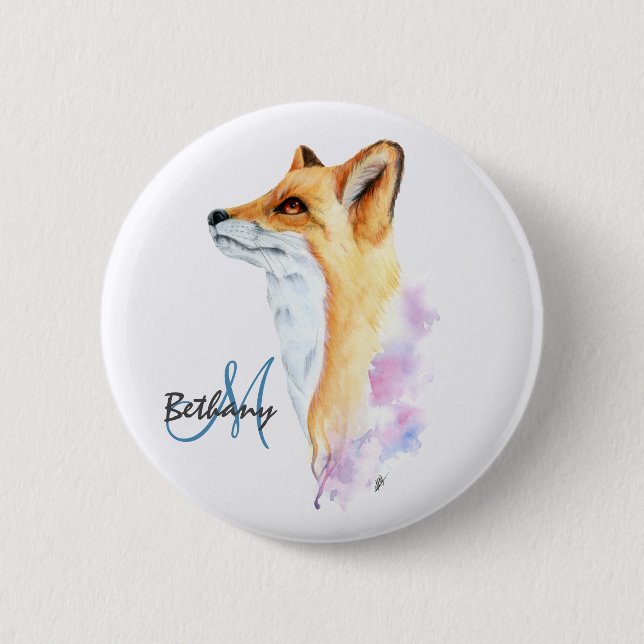 Bóton Redondo 5.08cm Red Fox Watercolor Personalizada (Frente)