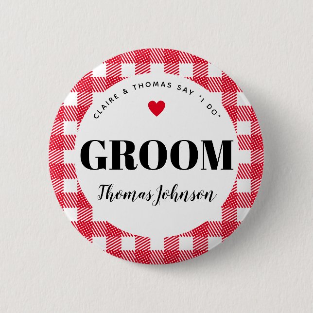 Bóton Redondo 5.08cm Red Gingham Country Wedding Groom (Frente)