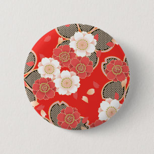 Bóton Redondo 5.08cm Red & White Sakura Japonês Kimono