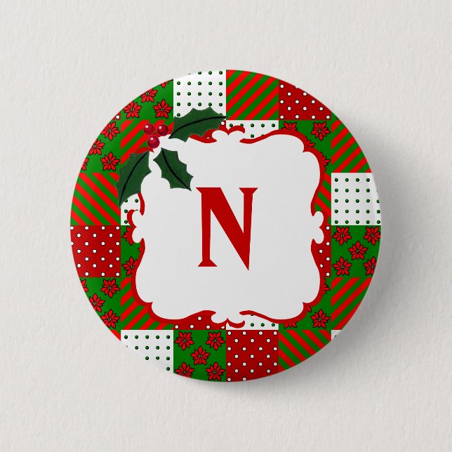 Bóton Redondo 5.08cm Retalhos Monogrammed da edredão do Natal (Frente)