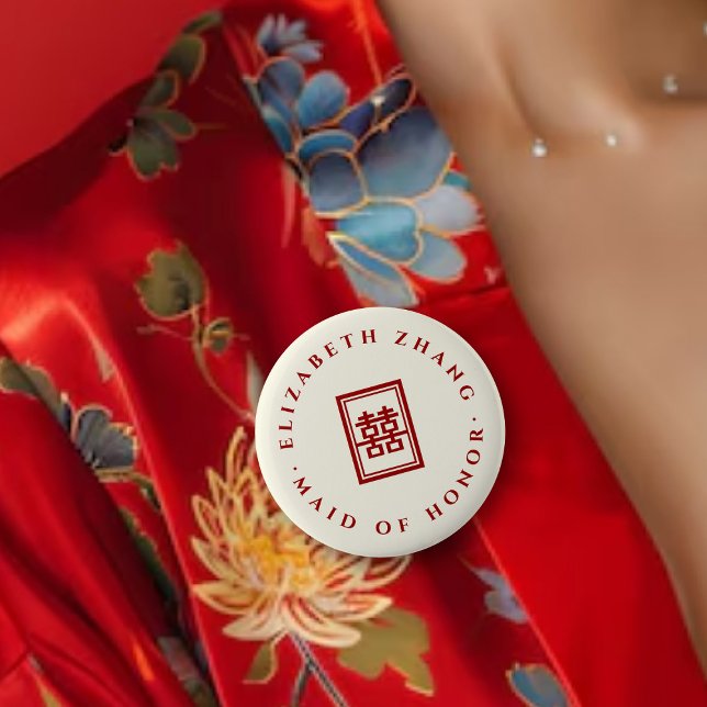 Bóton Redondo 5.08cm Retângulo Clássico com Festa de casamento Chinesa  (Red/Ivory Classic Rectangle Double Happiness Chinese Wedding Party Pin Button @ fatfatin_red_knot)