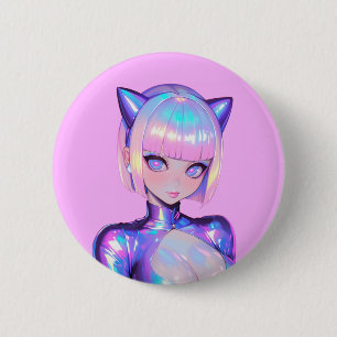 Bóton Redondo 5.08cm Retrato Ciber Pop de Gatinha Holográfica