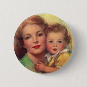 Bóton Redondo 5.08cm Retrato de Família Mãe e Filho Antigo