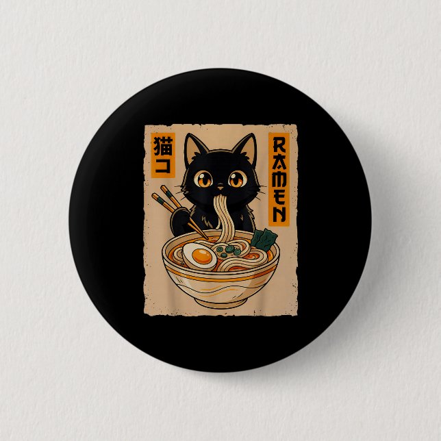 Bóton Redondo 5.08cm Retro Anime Kawaii Black Cat Eating Ramen Noodles  (Frente)