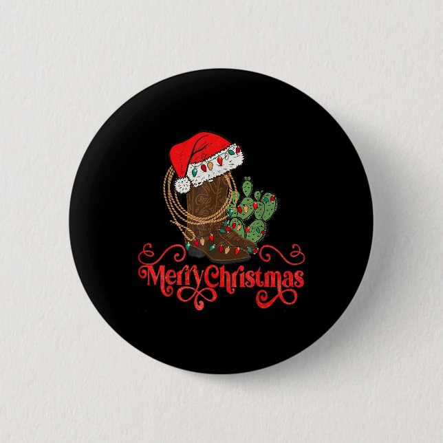 Bóton Redondo 5.08cm Retro Merry Xmas Santa Hat Cowboy Boots Western Ch (Frente)