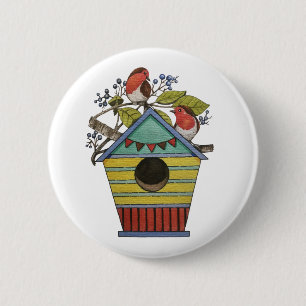 Bóton Redondo 5.08cm Robins Com Azeberries E Birdhouse