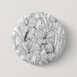 Bóton Redondo 5.08cm Robins e flores, preto e branco