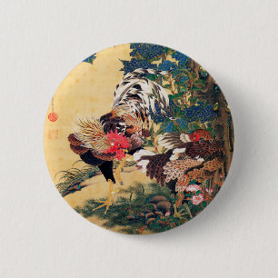 Bóton Redondo 5.08cm Rooster and Hen with Hydrangeas by Ito Jakuchu