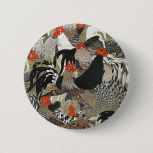 Bóton Redondo 5.08cm Roosters Hen Ilustração de Ito Jakuchu